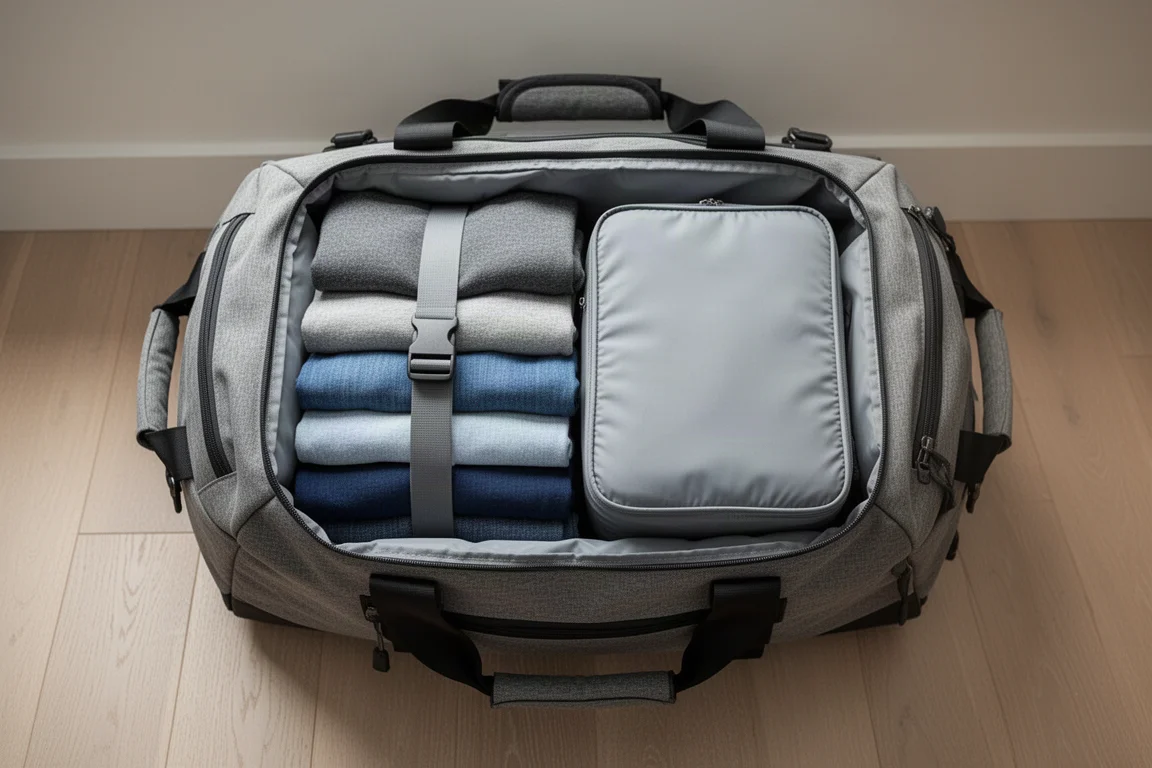 Vue de dessus du compartiment principal d'un sac de voyage rempli de vêtements et d'une trousse de rangement