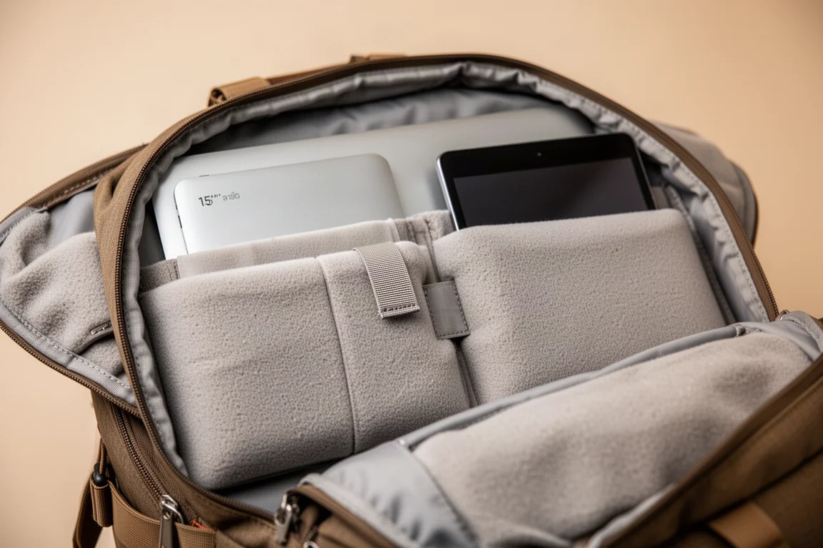 Gros plan sur un compartiment rembourré pour ordinateur portable à l'intérieur d'un sac de voyage