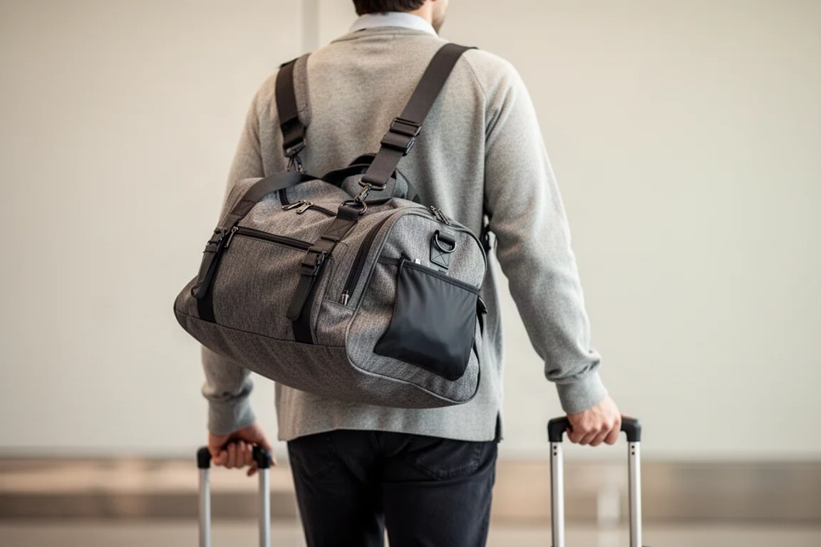 Voyageur portant un sac à dos sur une épaule à côté de bagages à roulettes