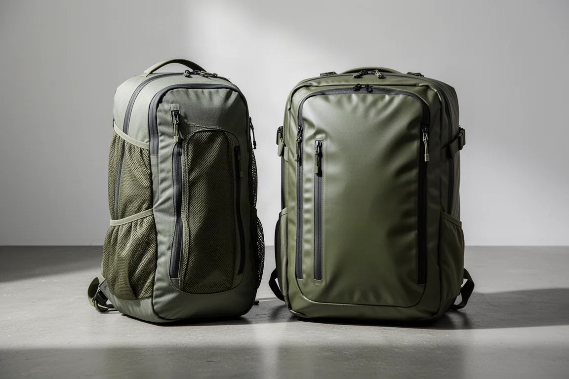 Two duffel-style travel backpacks standing side by side on concrete