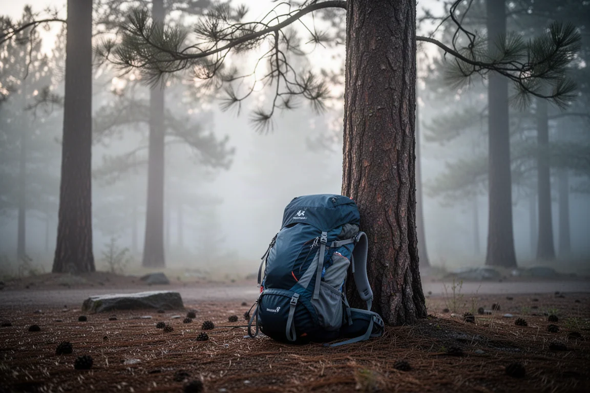 Wanderer von hinten auf einem sandigen Waldweg im goldenen Licht mit einem leichten Rucksack