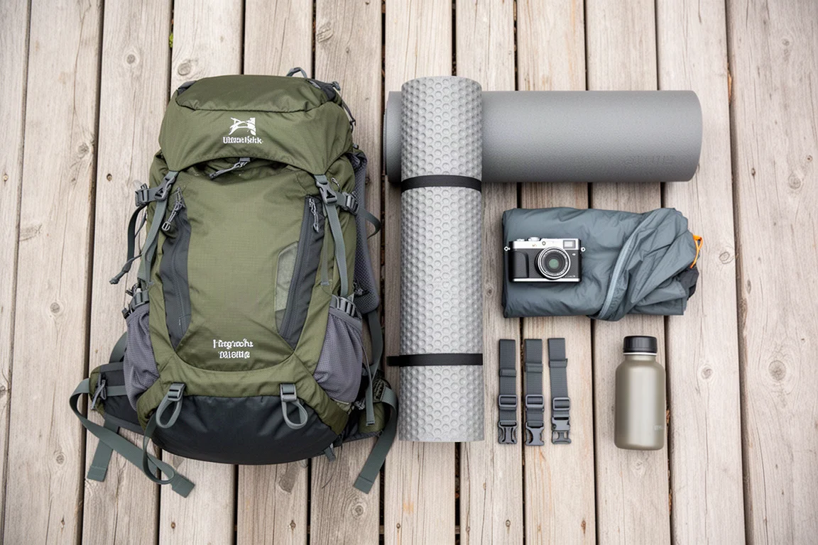 Flache Anordnung von Wanderutensilien: Kompaktkamera, Objektiv, Snackriegel, Sonnencreme und Wasserflasche