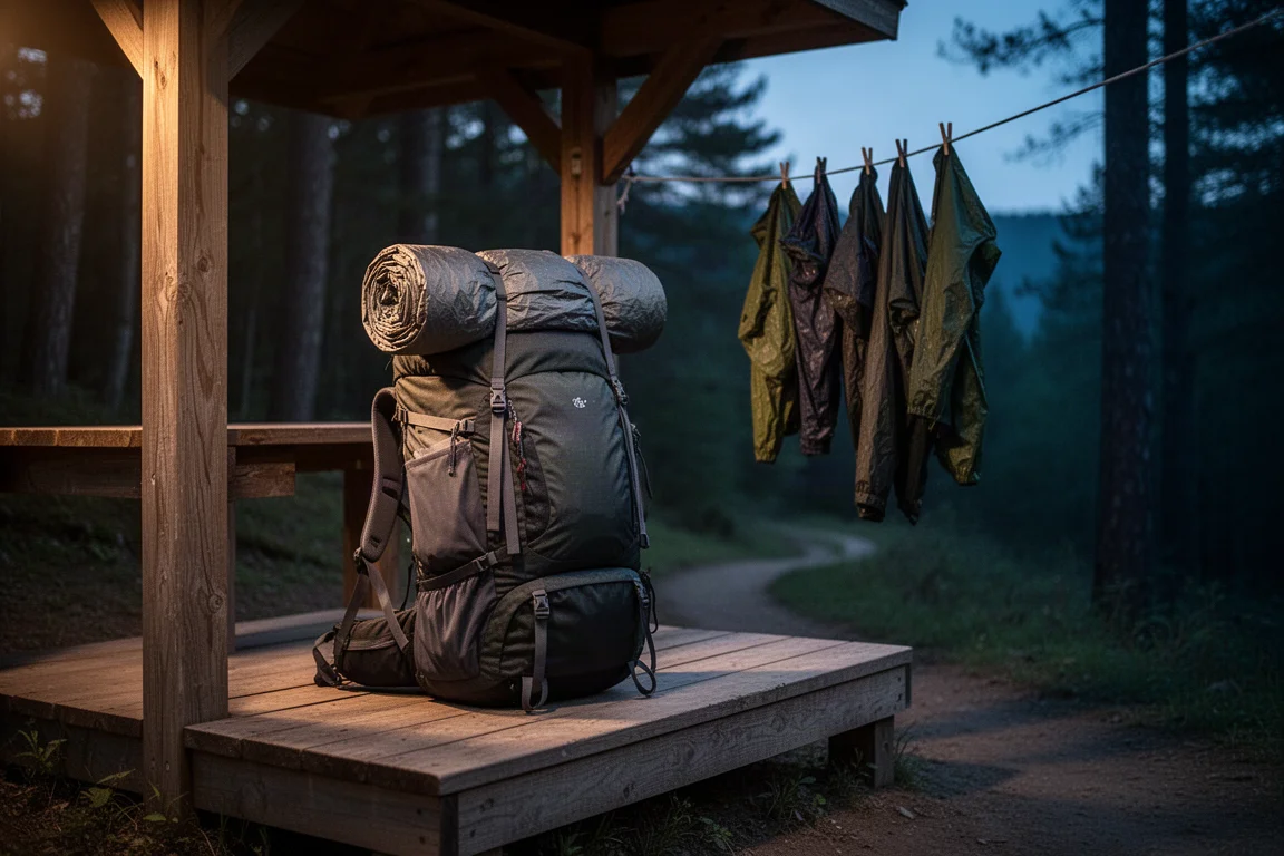 Leichter Rucksack lehnt an einem Felsen auf einem nebligen Zeltplatz, daneben ein Trekkingstock