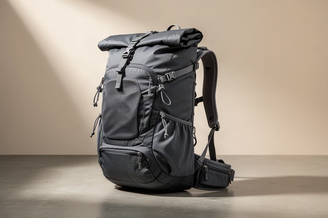 Zaino da trekking leggero grigio con chiusura a roll top e tasche laterali in mesh su una superficie di cemento