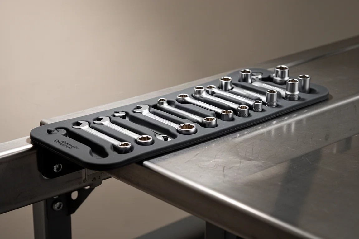 Silikonener Magnet-Werkzeughalter auf einer Werkbank mit in die Schlitzen eingesetzten Schraubenschlüsseln