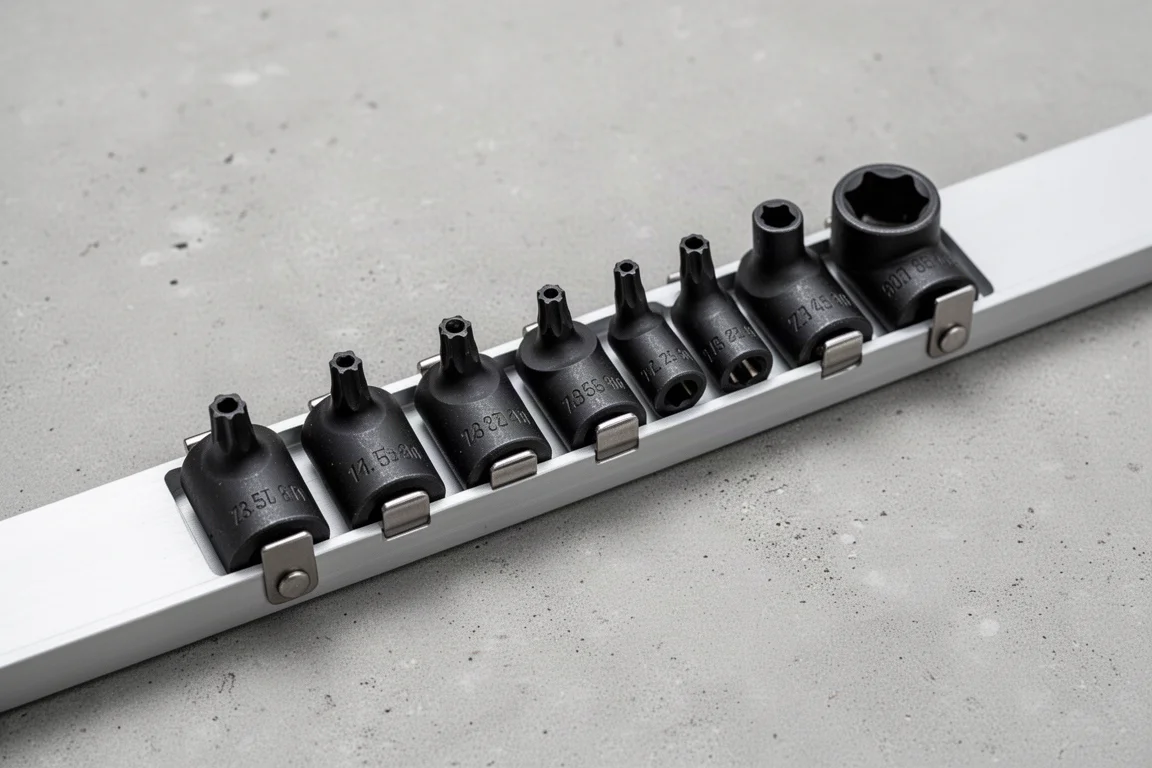 Aluminium-Stecknussschiene mit einer Reihe lasergeätzter Stubby-Torx-Stecknüsse