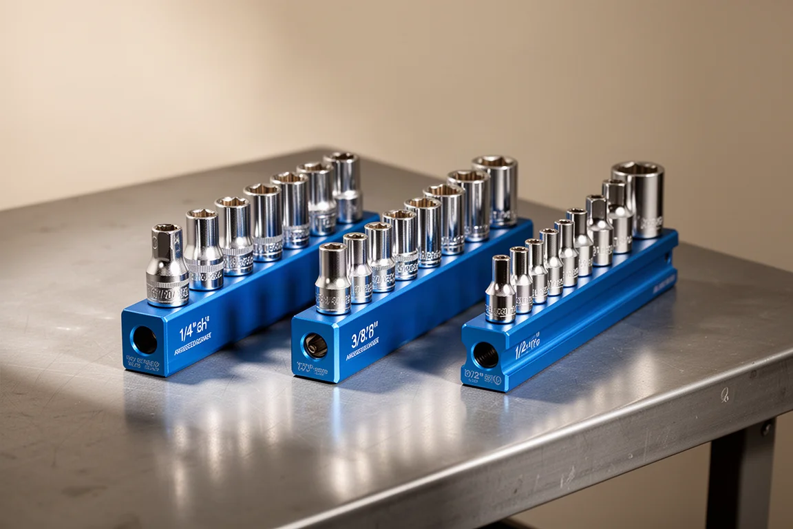 Three blue anodized socket rails with chrome sockets on a steel workbench