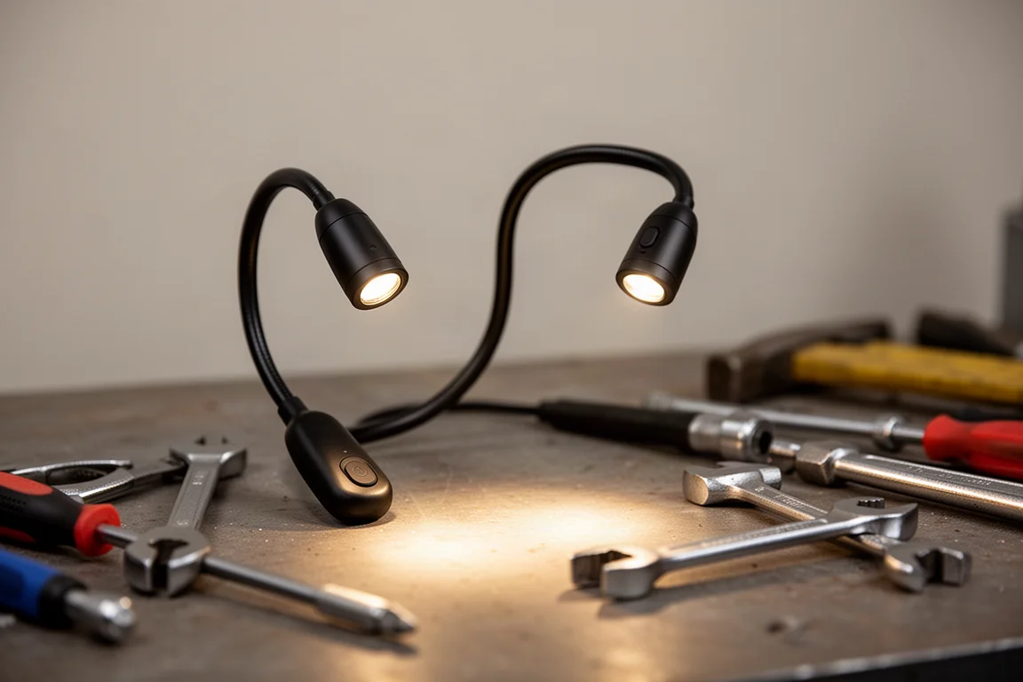 Luce da collo indossata al collo che proietta luce verso il basso su un banco di lavoro
