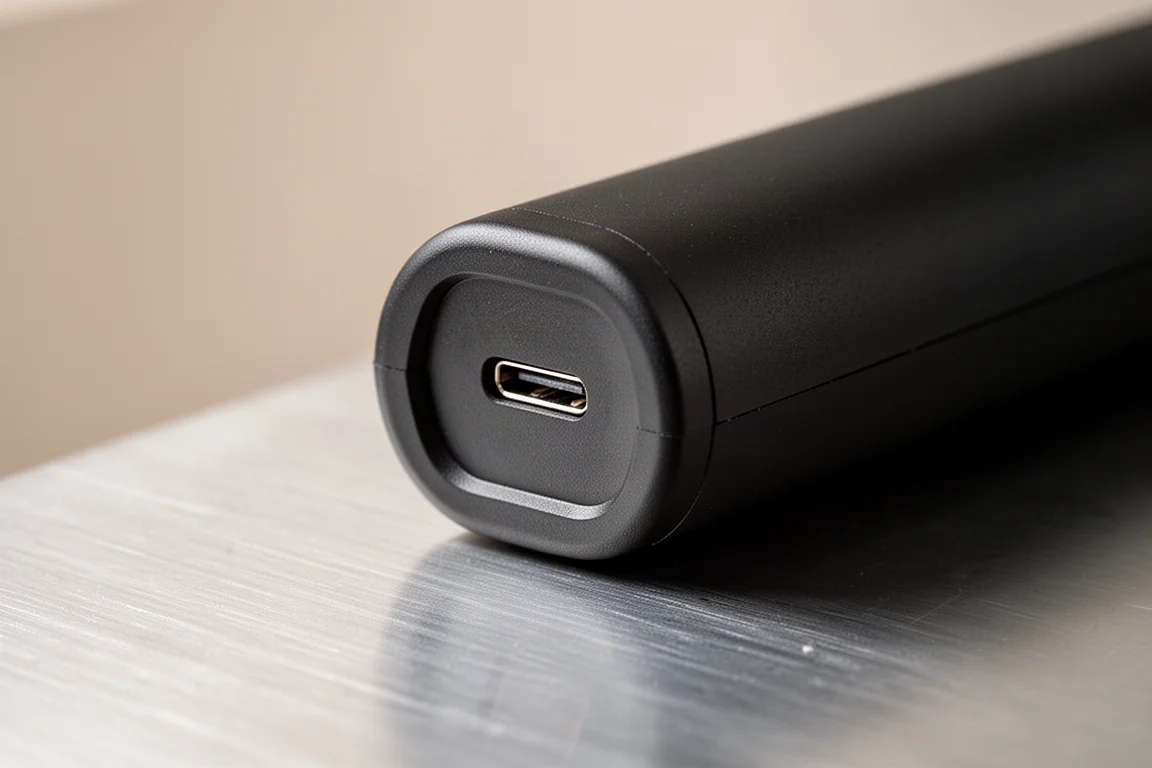 Primo piano della porta di ricarica USB-C sul corpo di una luce da lavoro