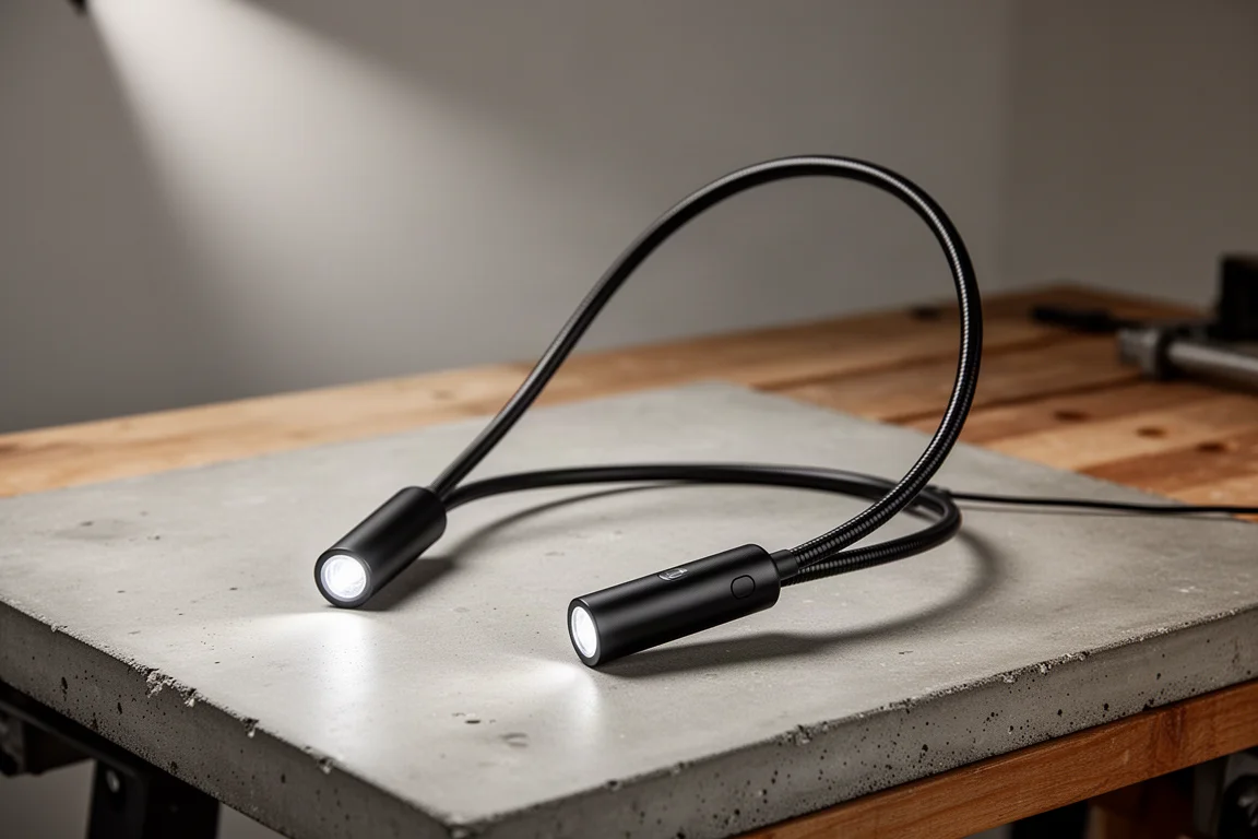 Ulsa Tools LED-Halsleuchte mit flexiblen Armen auf einer Werkstattfläche