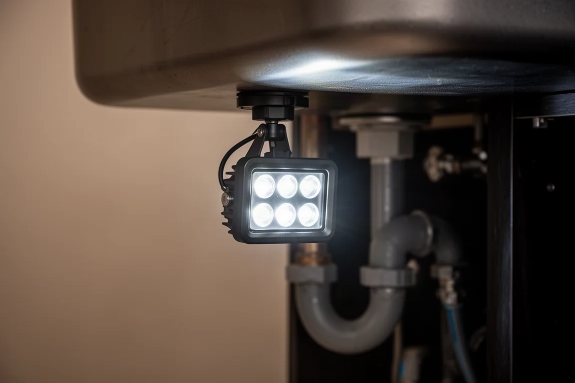 Pequeño foco LED sujetado bajo el mueble de un fregadero proyectando luz hacia un espacio oscuro