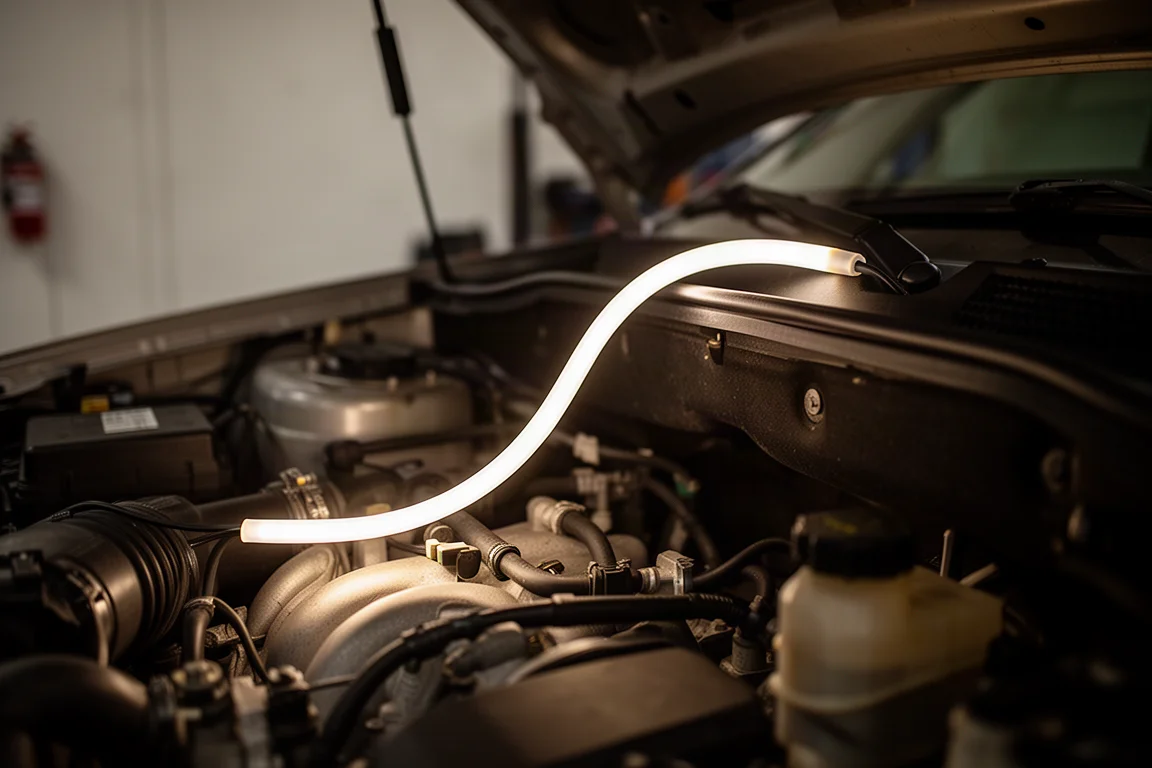 Barra de luz LED flexible colocada dentro del compartimento del motor iluminando la zona de trabajo