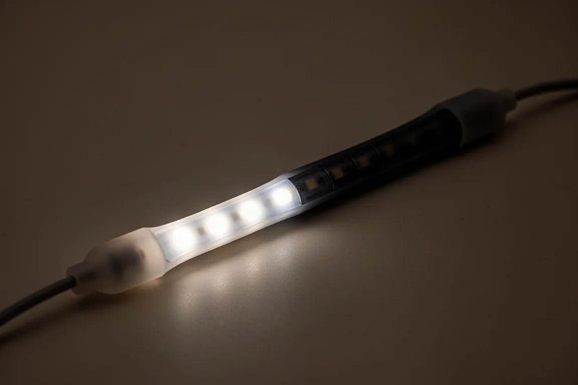 Barra de luz LED emitiendo luz solo por un extremo en una habitación con poca luz