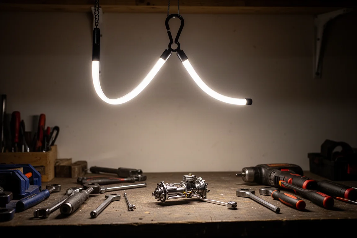 Barra de luz LED flexible enganchada sobre un banco de trabajo iluminando un área de proyecto