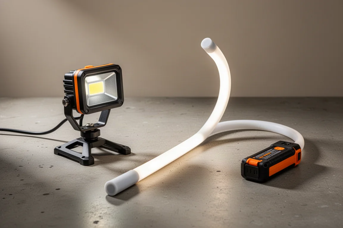 Kompaktes LED-Flutlicht und flexibler LED-Stab auf einer Betonwerkstattfläche