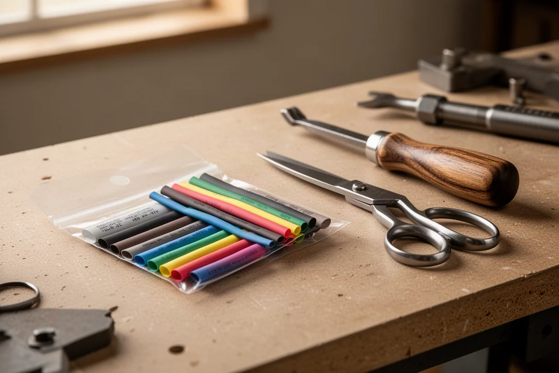 Werkstattbank mit Handwerkzeugen und einer kleinen Packung farbigen Heat-Shrink-Schlauchs