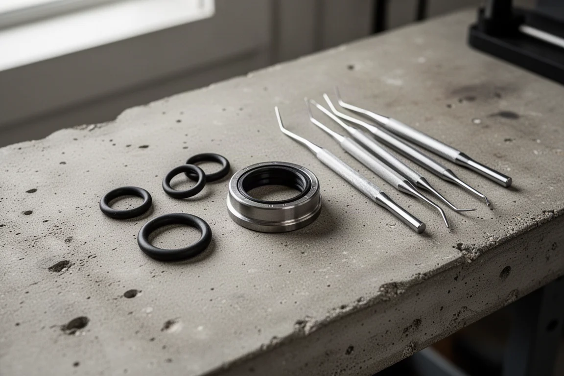 工作枱上排列的 O-ring 與油封,旁邊放置精細挑針工具
