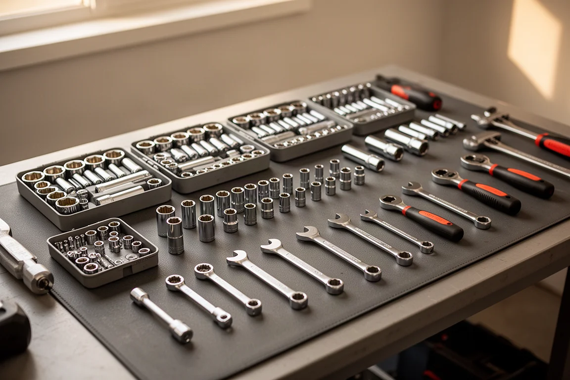 Mechanic's bench with sockets and ratchets laid out on a work mat
