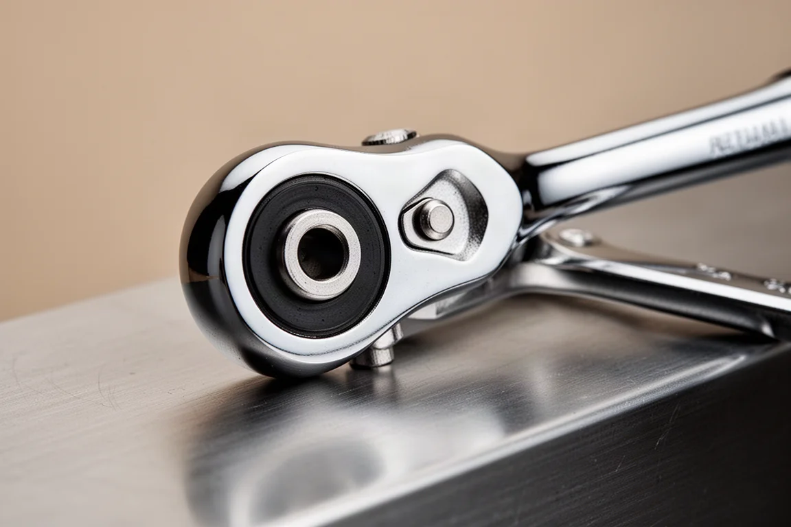 Close-up of a chrome ratchet head pivoting at an angle in low light