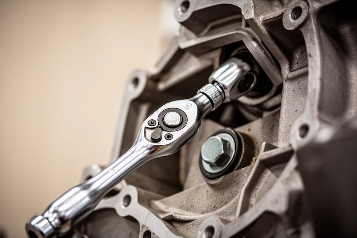 Swivel head ratchet reaching a bolt in a cramped engine bay recess