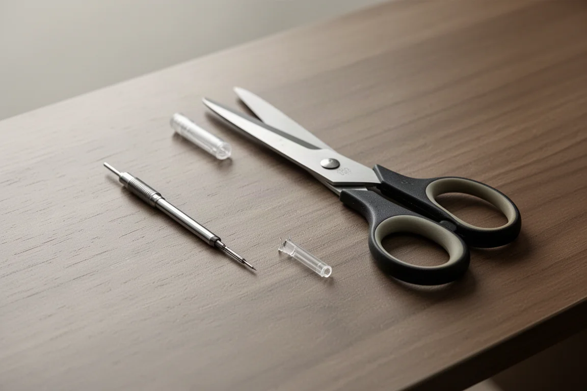 Carga de caneta esferográfica sendo cortada no tamanho certo com tesoura sobre uma mesa