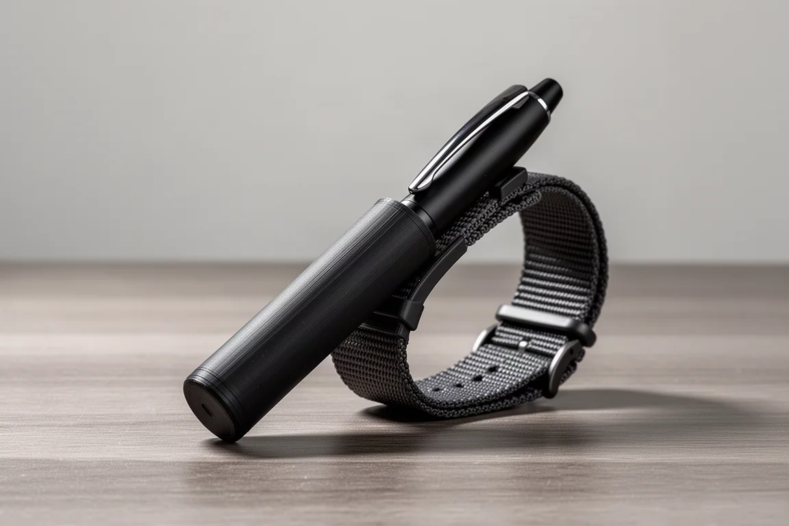 Matte black 3D-printed pen sheath with compact ballpoint pen mounted on a nylon watch band