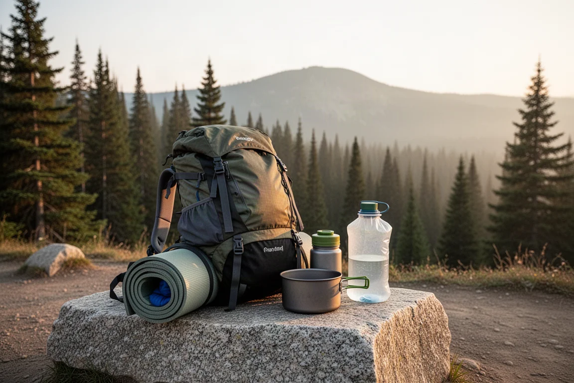 Flat-lay of backpacking layers, socks, map, and headlamp on weathered wood