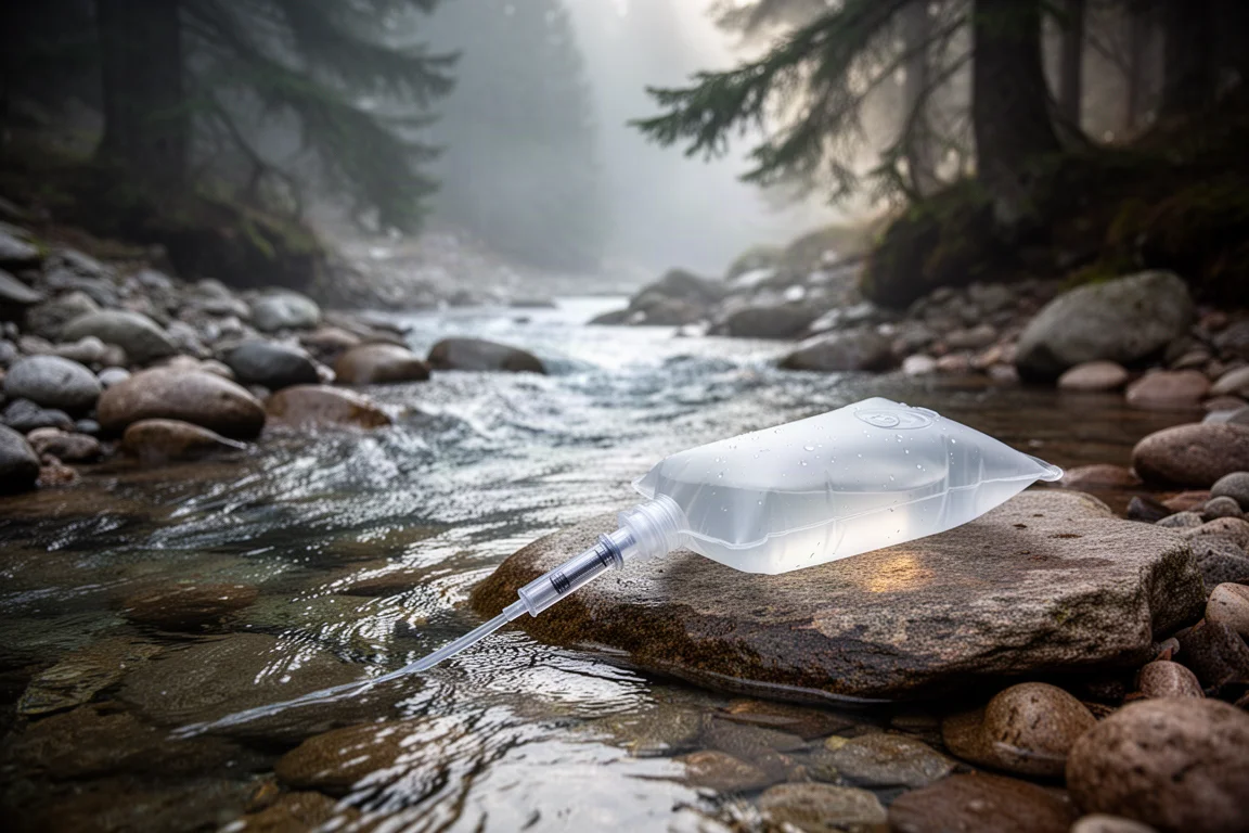 Water collection bag being filled in a clear alpine stream