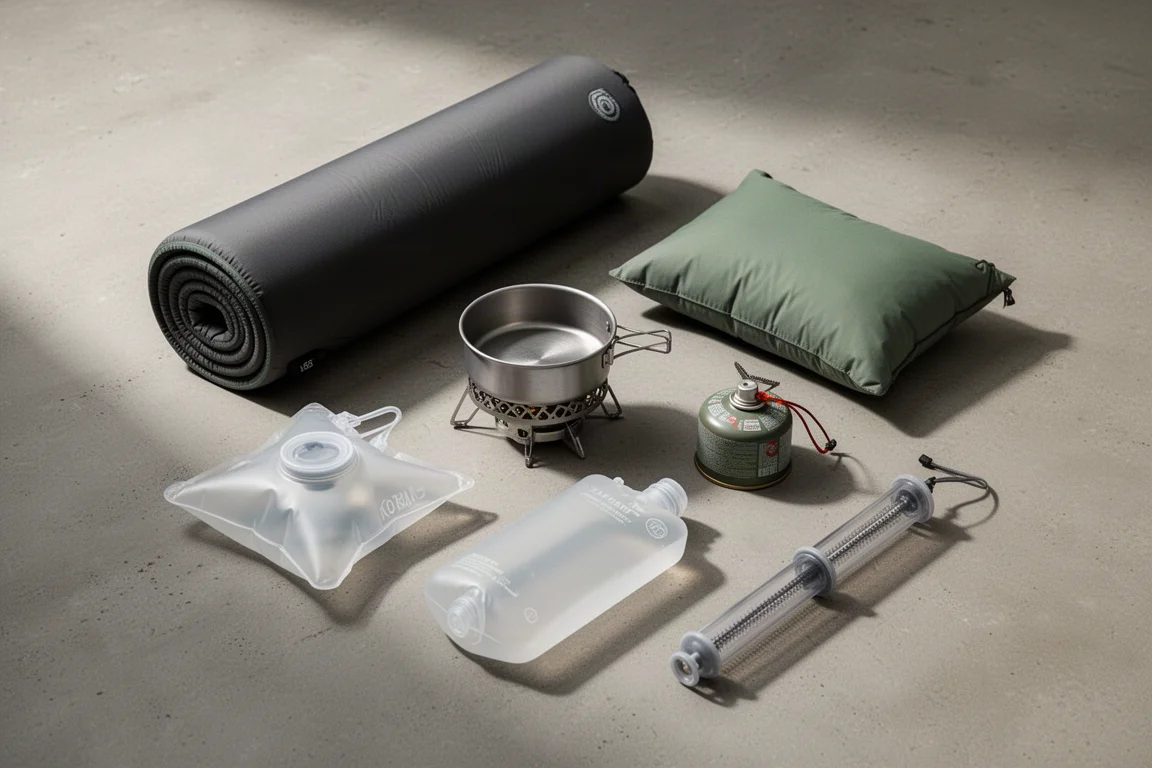 Backpacking essentials arranged on concrete with a topographic map on a phone