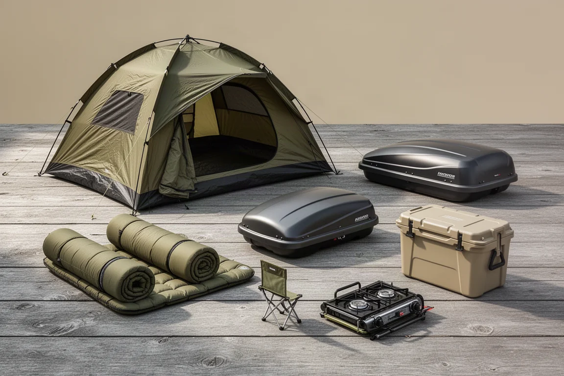 Car camping gear including a family tent, sleeping pads, cargo box, chair, cooler and stove