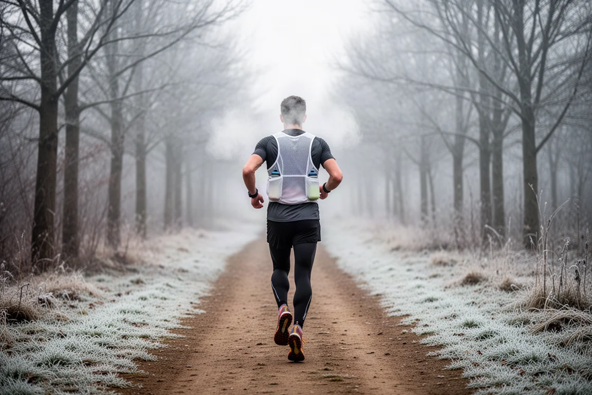 Corredora de trail con un chaleco de hidratación de malla en una mañana fría de invierno