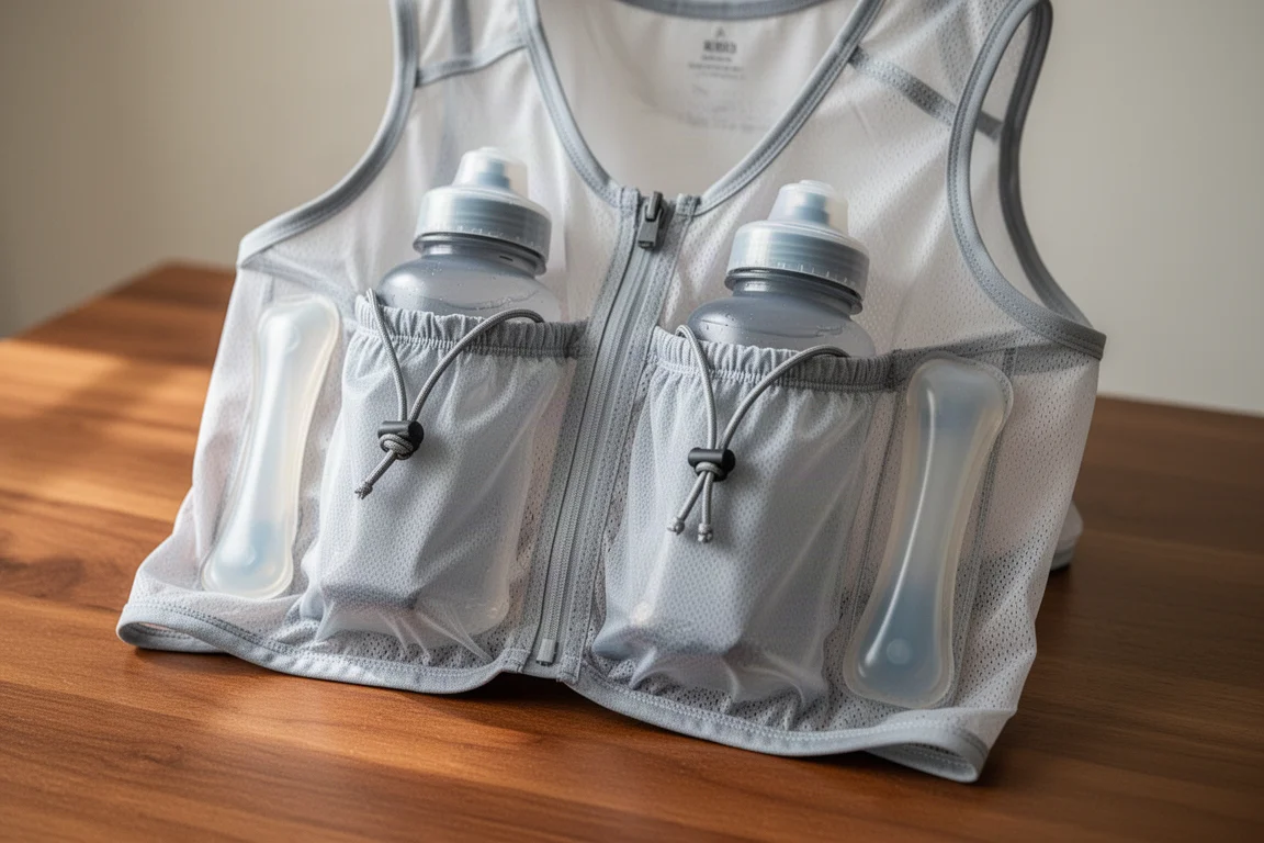 Primer plano de los bolsillos frontales para botellas y las fundas para geles de un chaleco de running
