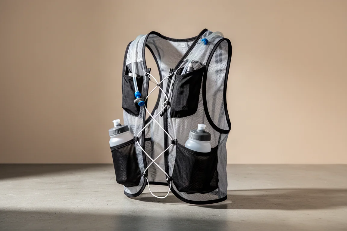 Lightweight mesh running hydration vest with bottles on concrete surface