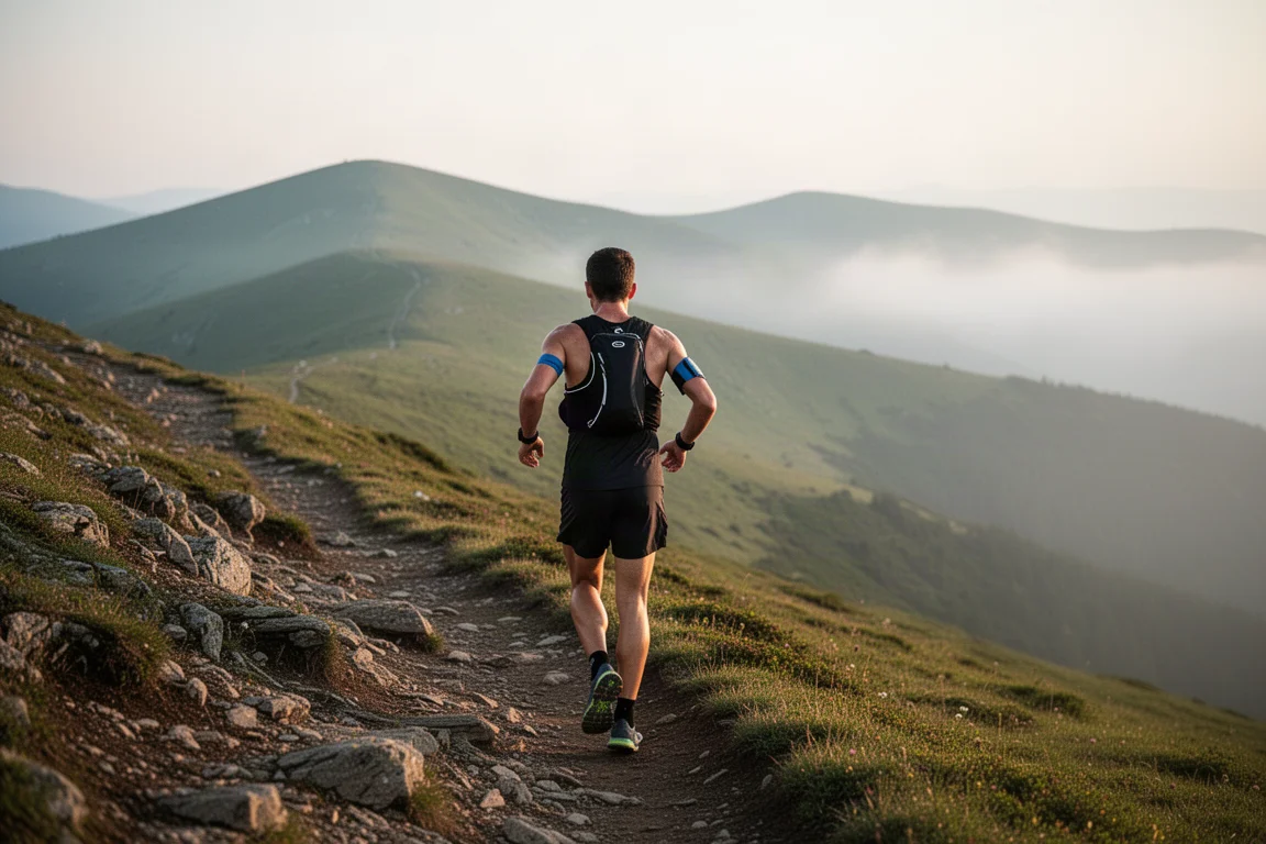 Trailrunner auf einem Bergpfad mit Trinkweste im sanften Morgenlicht