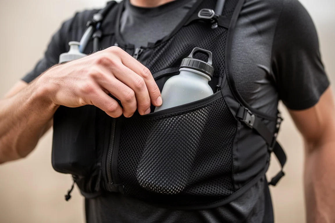 Nahaufnahme einer Hand, die in die vordere Stretchtasche einer Laufweste greift