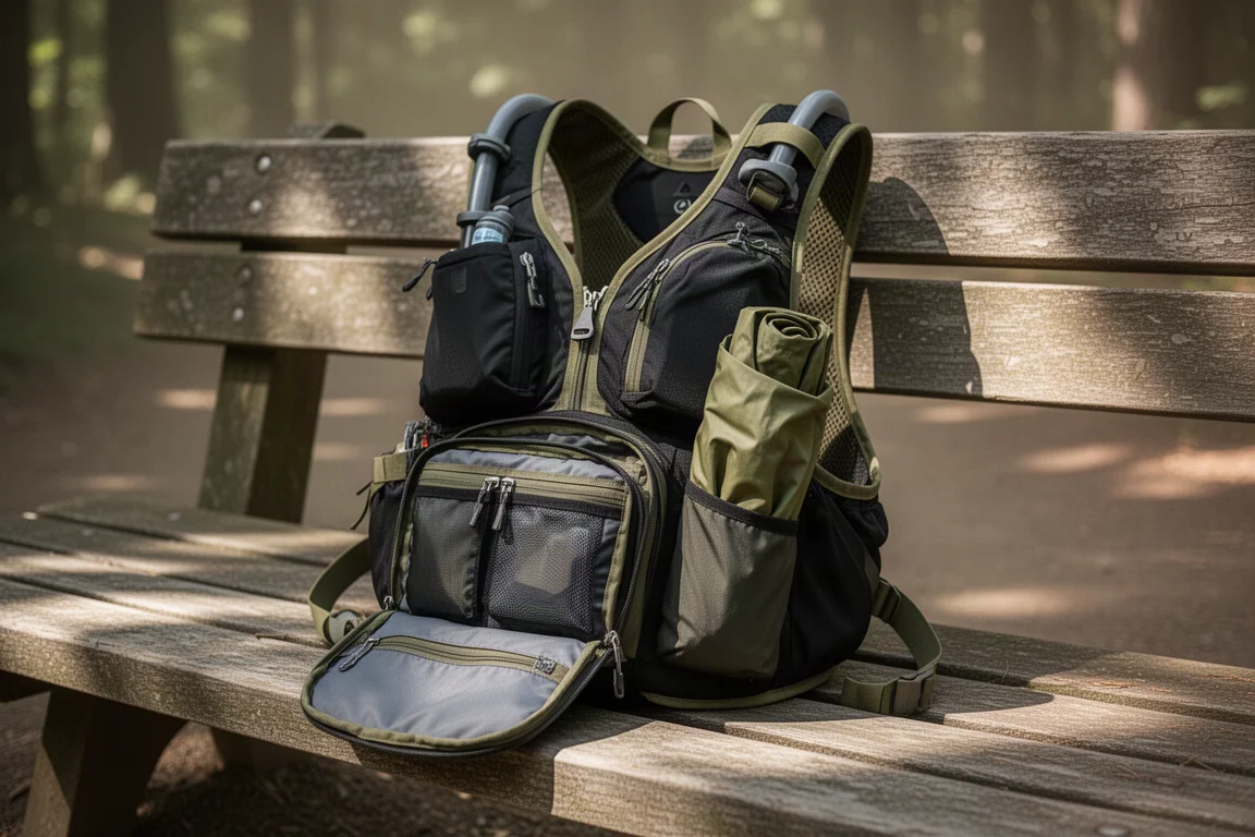 Beladene Trinkweste auf einer Holzbank während eines langen Trailruns