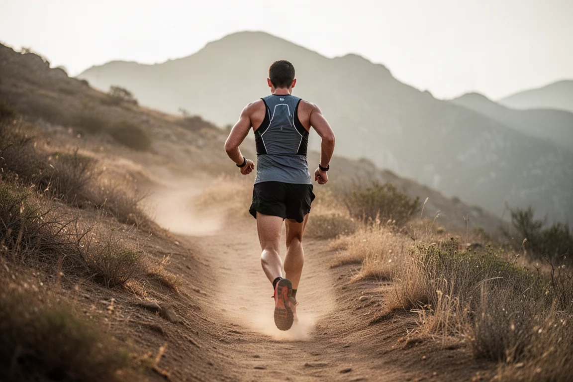 Trail runner climbing a dusty singletrack path in warm morning light