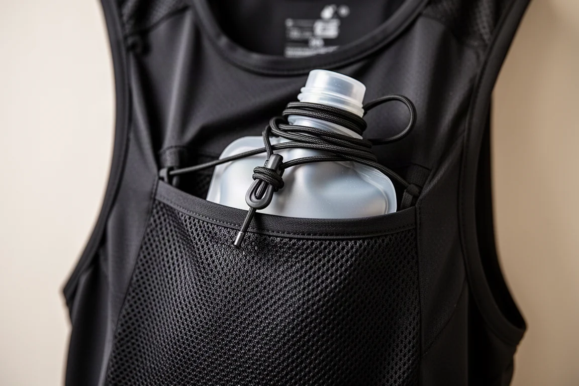 Close-up of soft flask bungee cinched over a bottle pocket on a running vest