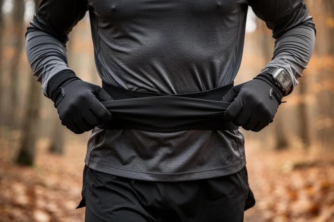 Runner adjusting a black stretchy running belt around the waist on a trail
