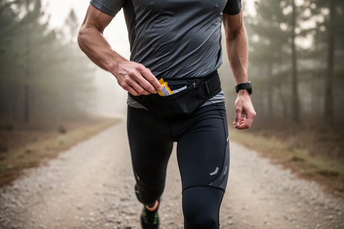 Trail runner grabbing a gel from a belt pocket while running
