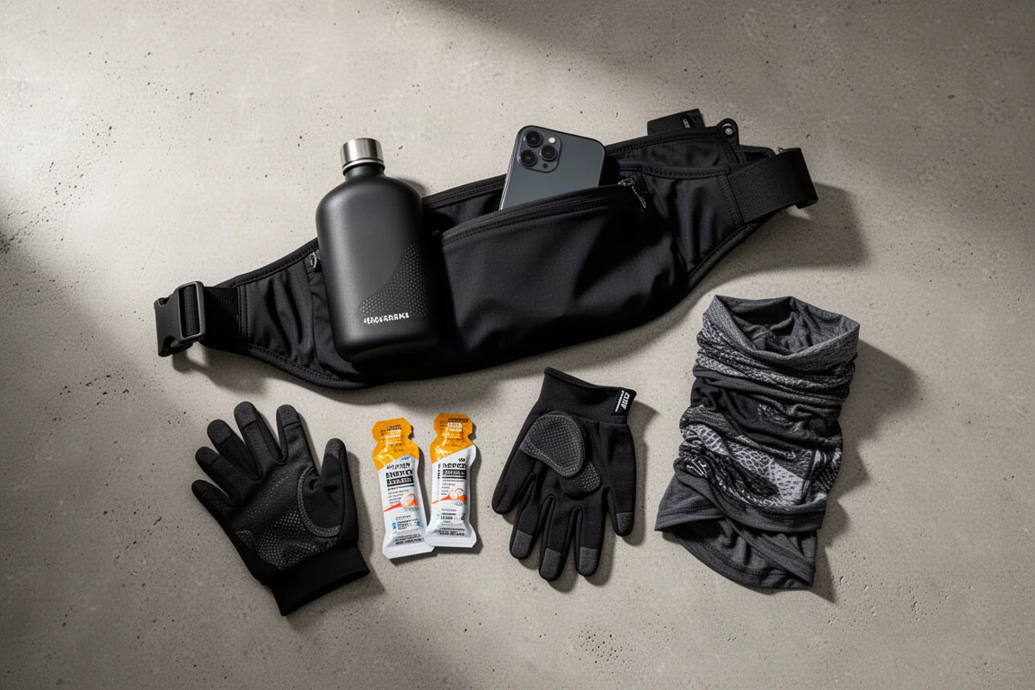 Runner filling belt pockets with phone, gels and soft flask before a run