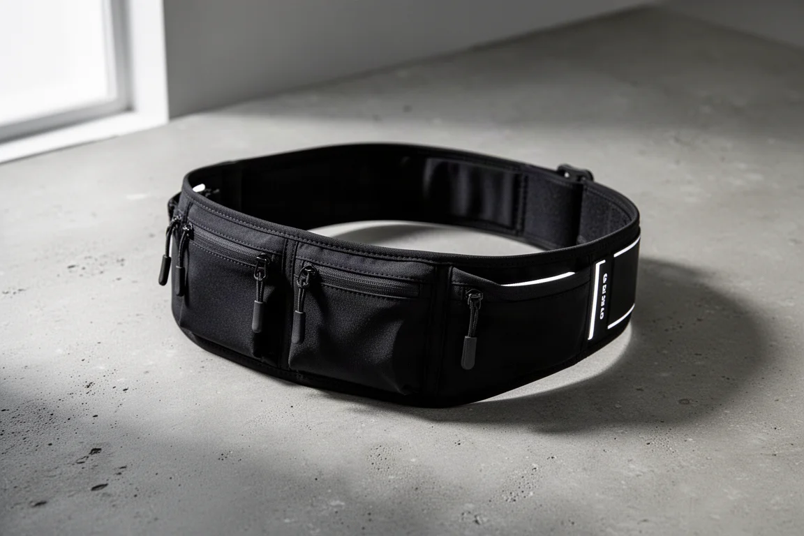 Black stretchy running belt with multiple pockets on a concrete surface