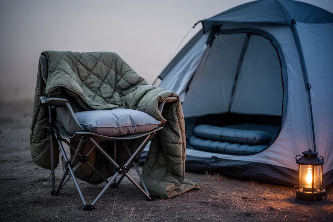 Backcountry-kampeerplaats in de schemering met een kleine tent, kampeerstoel en lantaarngloed
