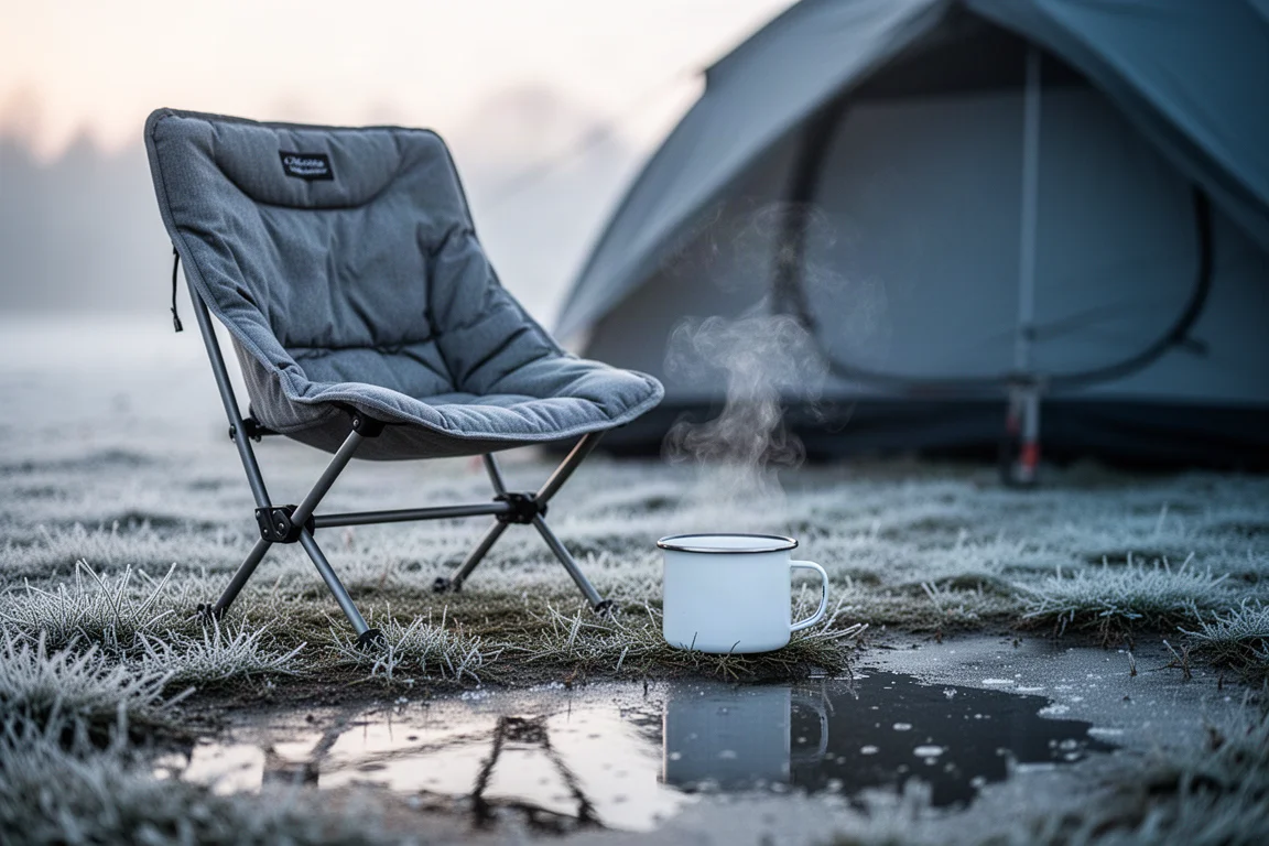 Beslagen hooggebergte-kampeerplaats bij zonsopgang met een kampeerstoel naast een tent