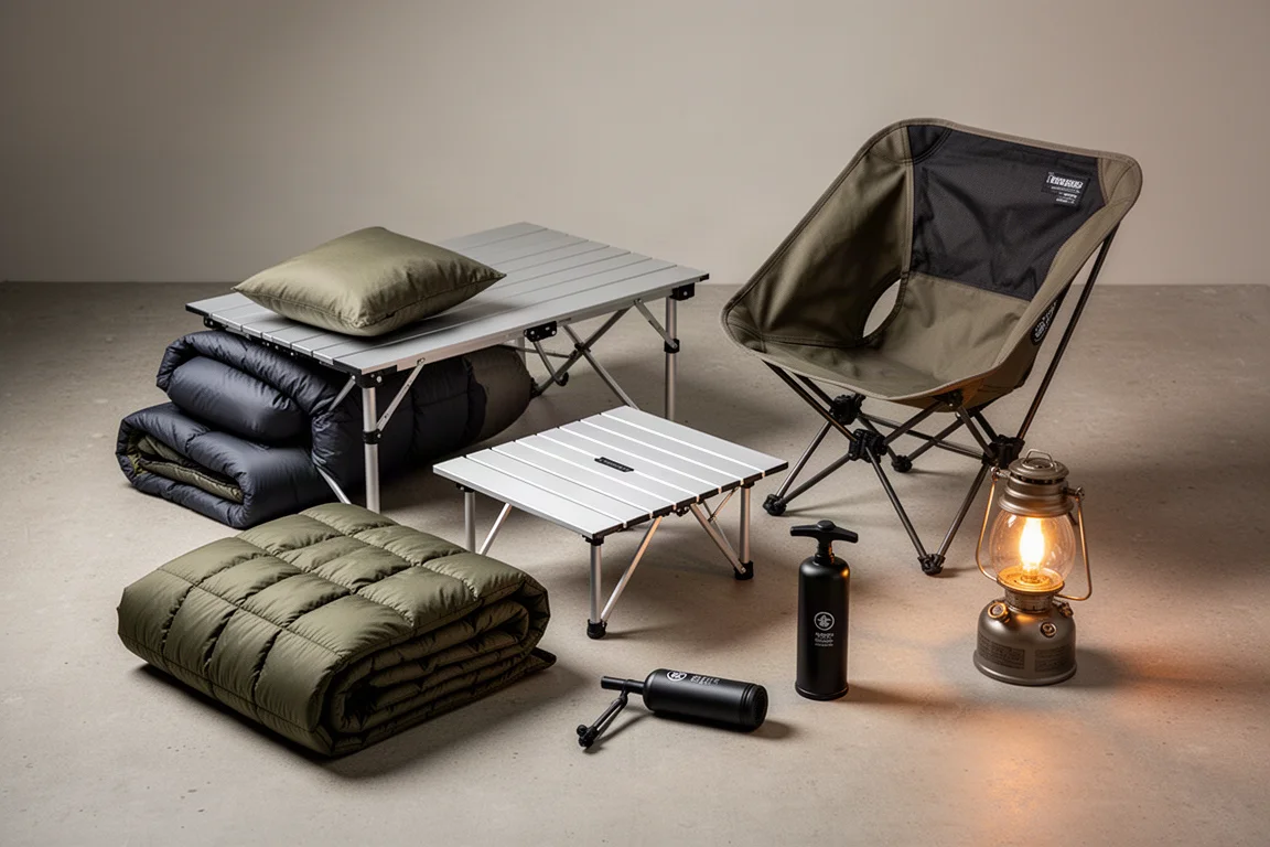 Backpacking luxury gear arranged on concrete, including a down blanket, camp table, chair, pump, and lantern