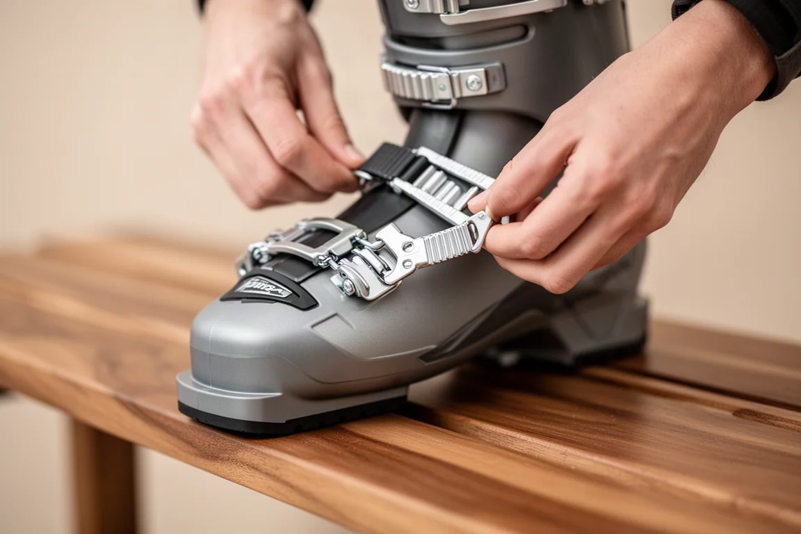 Person stellt einen Skischuh-Schnallenverschluss an einem auf einer Holzbank liegenden Schuh ein