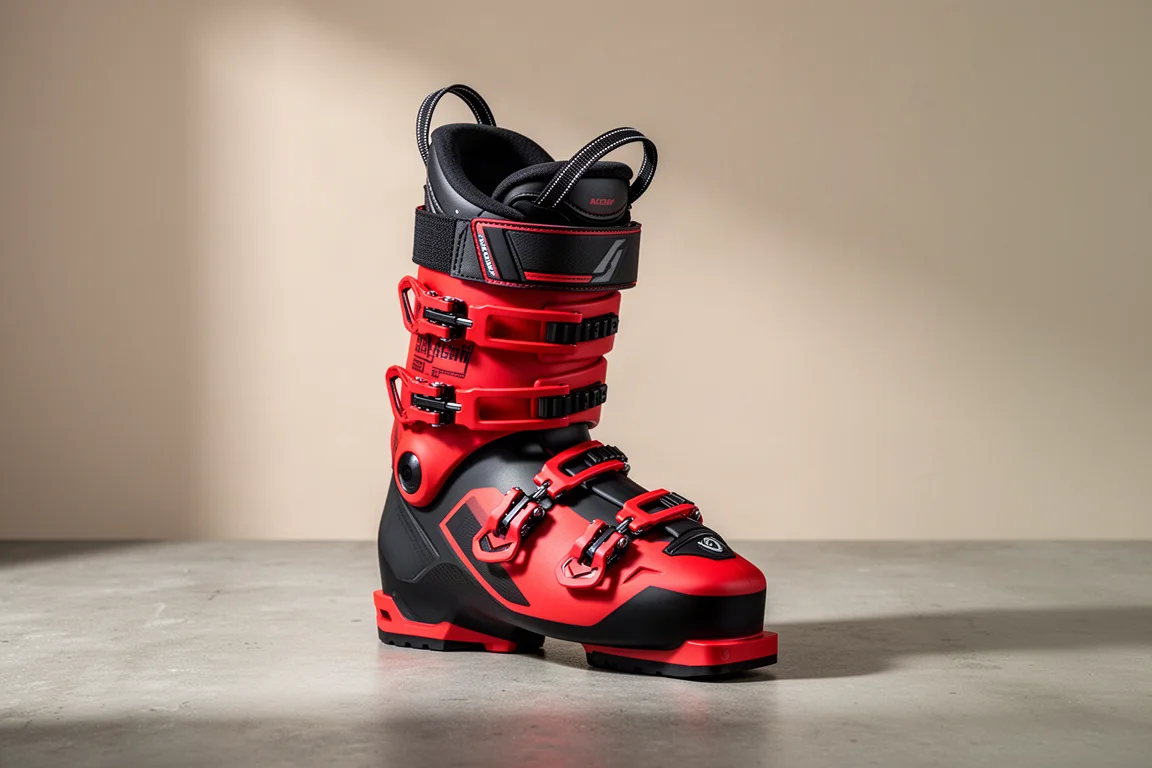 Red and black high-performance ski boot on a concrete surface