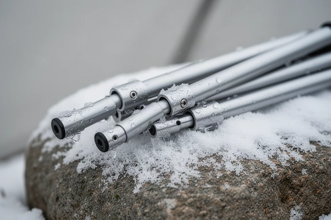 Segmentos plegados de varillas de aluminio de tienda sobre nieve, con hielo en las uniones