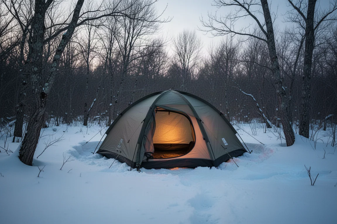 Tienda de invierno montada sobre nieve recién caída entre árboles sin hojas al atardecer