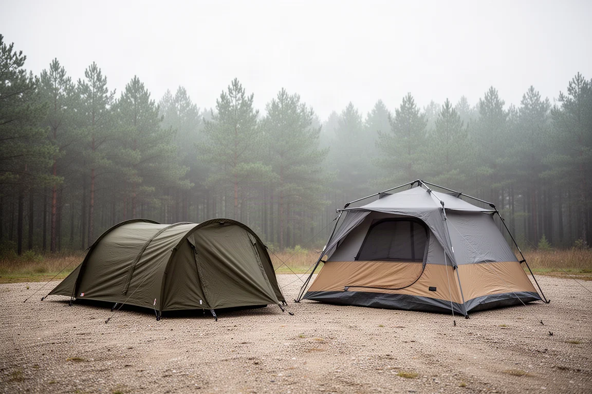 Two camping tents pitched side by side on gravel at the edge of a pine forest